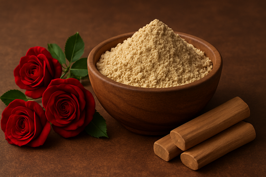 Wooden bowl of powder with red roses and cinnamon sticks on a brown background