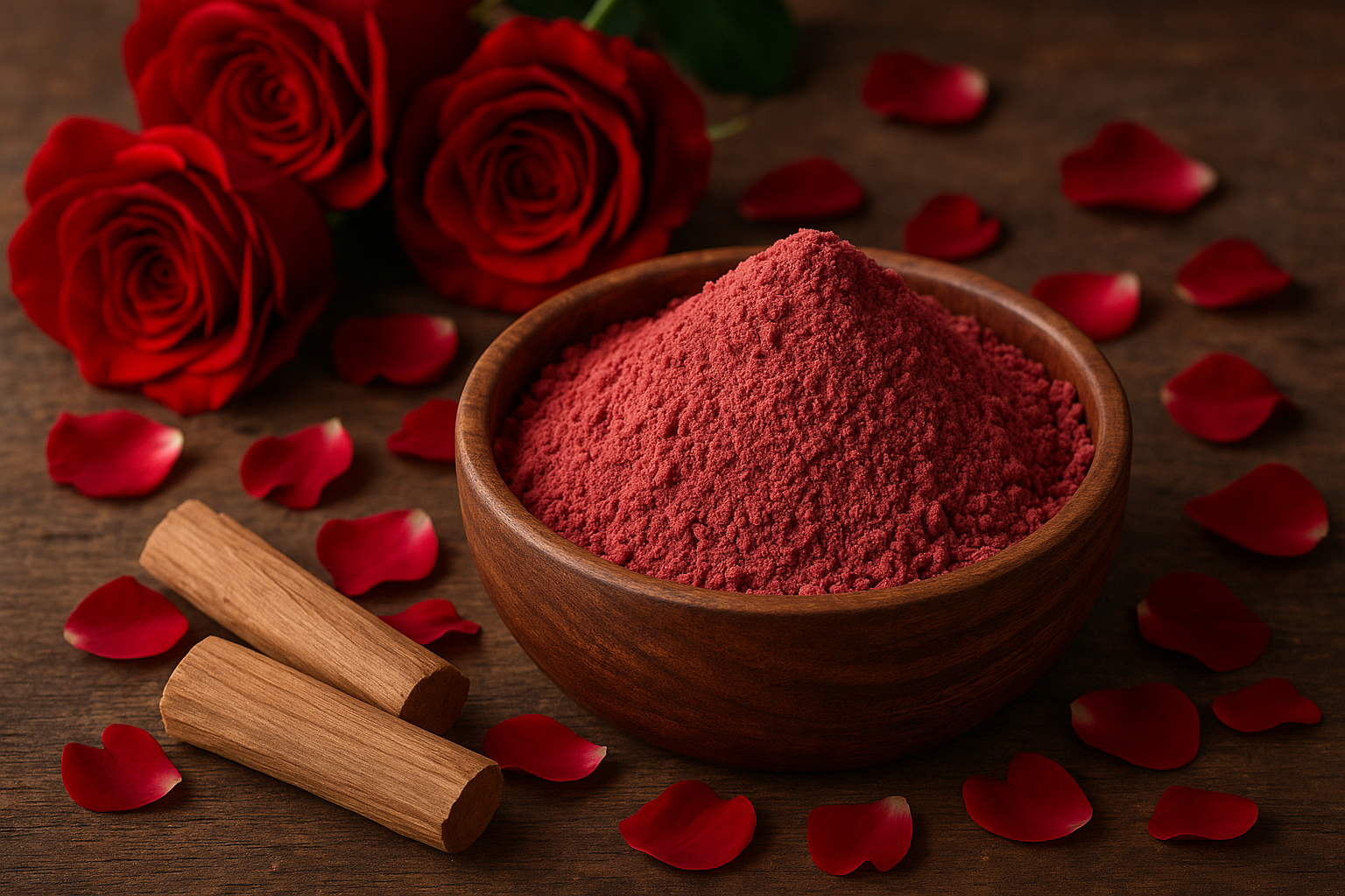 Wooden bowl of red powder with red roses and cinnamon sticks on a wooden surface1621243260e1af0c20-0
