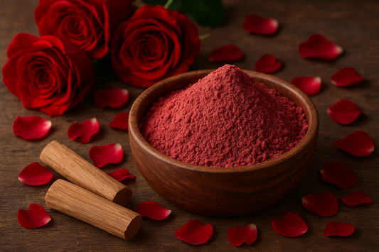 Wooden bowl of red powder with red roses and cinnamon sticks on a wooden surface