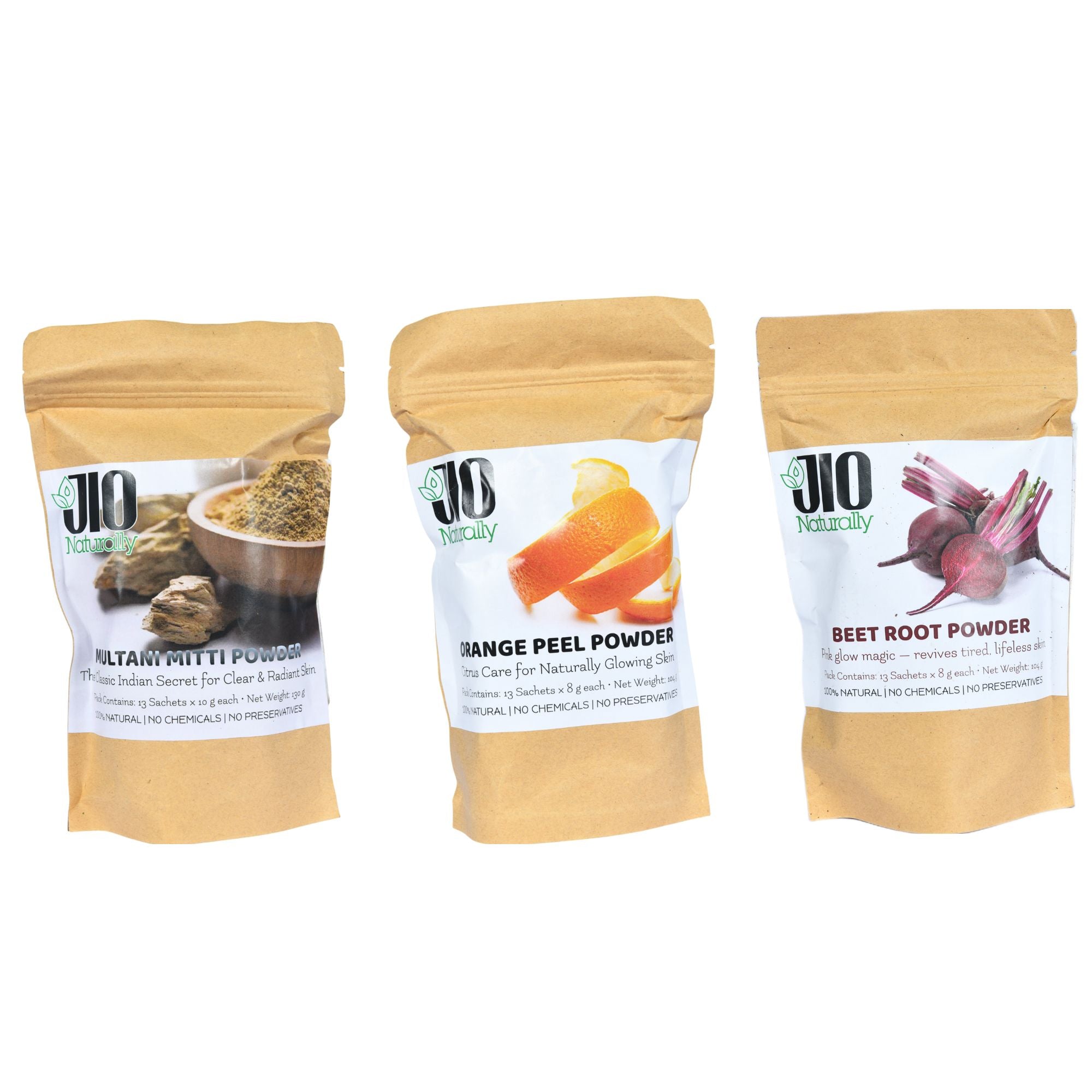 JioNaturally Clear Glow Pack - Multani Mitti + Orange Peel + Beet Root Powder (39 Sachets | 13x3), For Radiant, Tan-Free, Even-Toned Skin, Your 10-Minute Glow Ritual — Fresh, Natural & Luxurious.