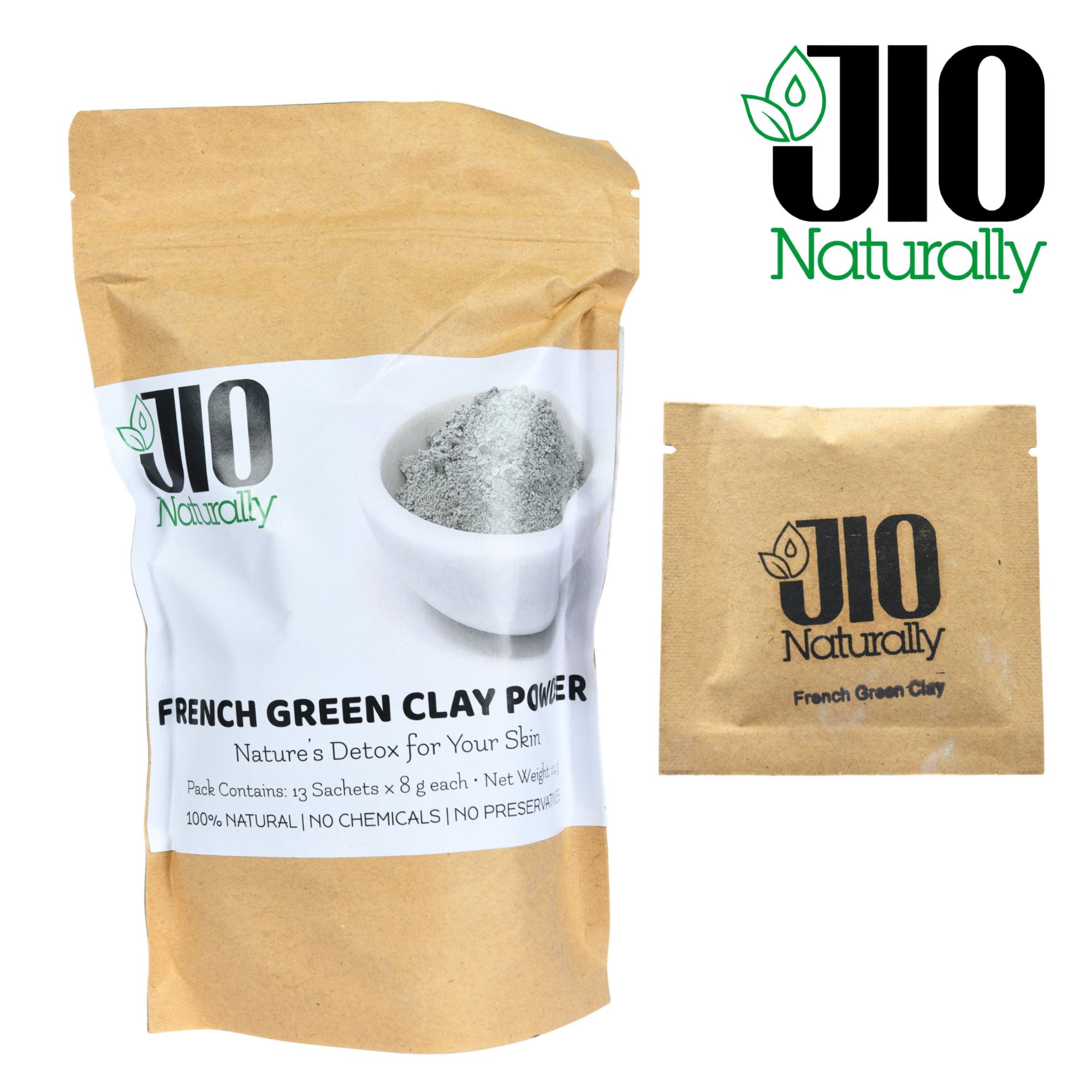 JioNaturally French Green Clay for Deep Cleansing & Oil Control | 100% Natural Sachet Pack (13 Sachets x 8g) | Detoxifying, Pore Tightening & Acne Care Face Pack