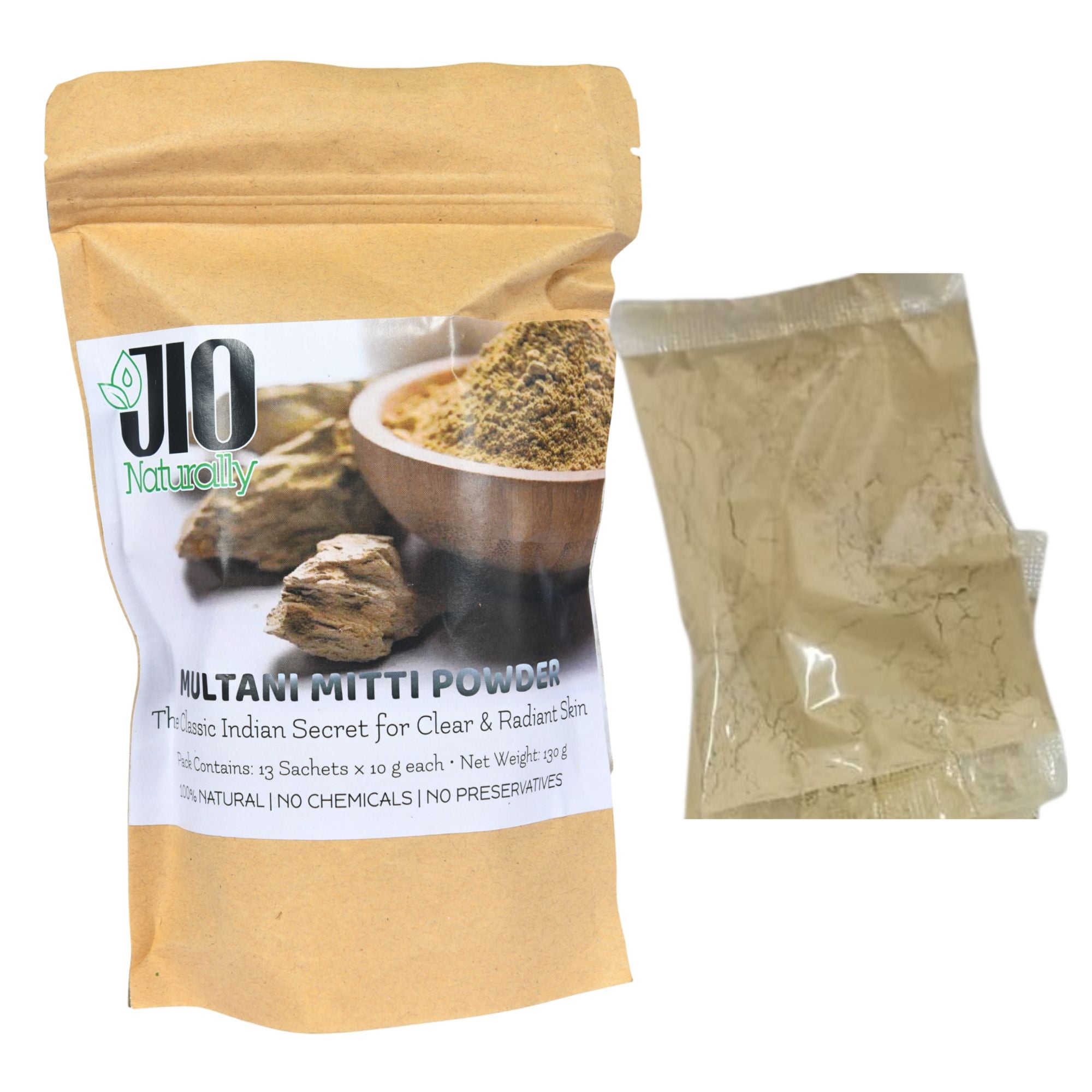 JioNaturally Multani Mitti Sachets – Pure Fuller’s Earth Powder for Glowing, Oil-Free & Acne-Free Skin | 13 Sachets × 10g | Luxury Natural Skincare