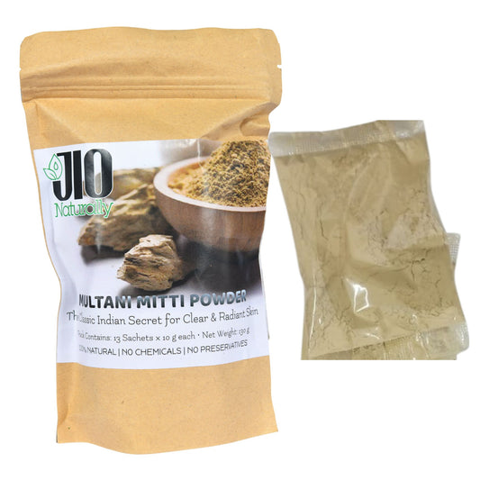 JioNaturally Multani Mitti Sachets – Pure Fuller’s Earth Powder for Glowing, Oil-Free & Acne-Free Skin | 13 Sachets × 10g | Luxury Natural Skincare
