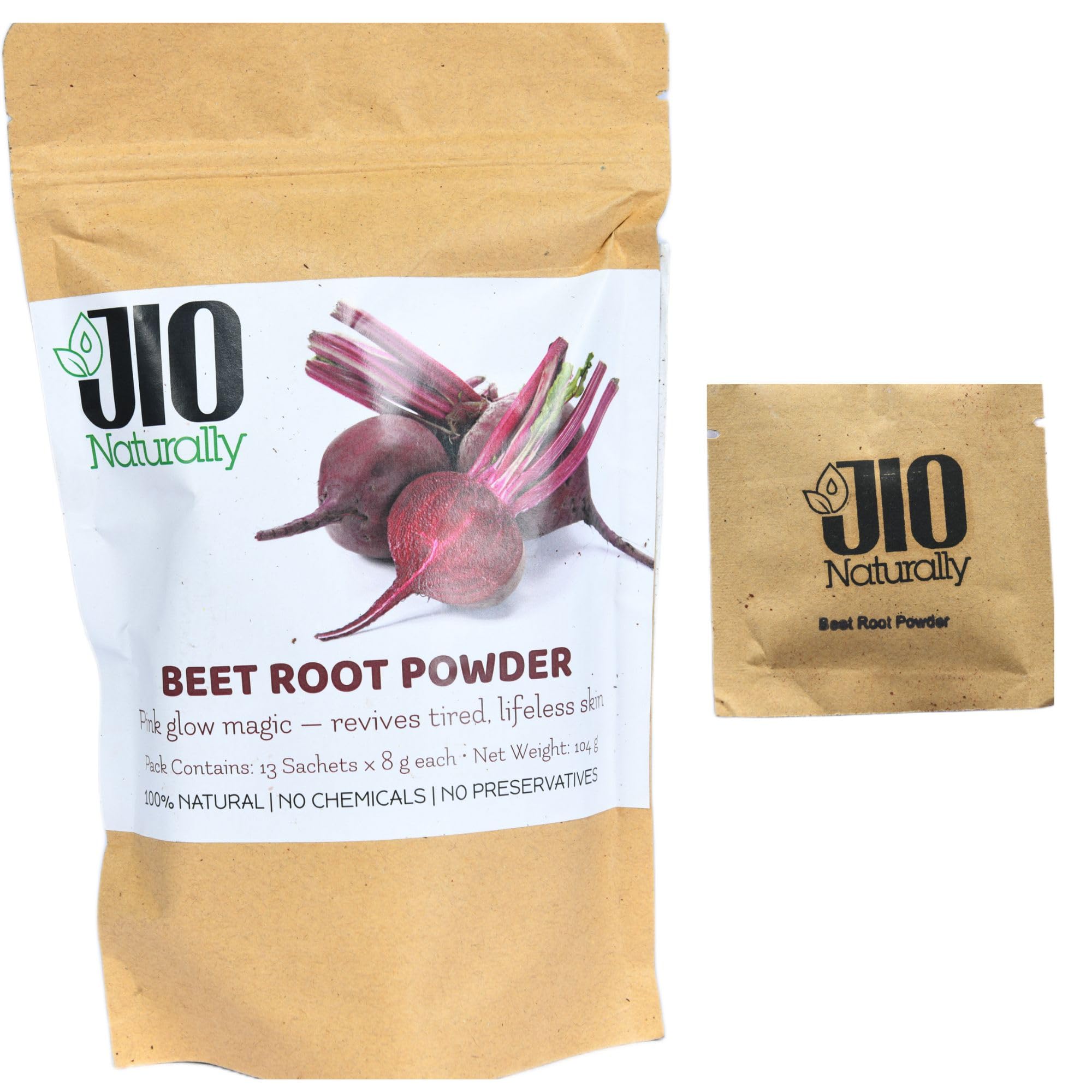 JioNaturally Beet Root Powder for Glowing Skin | 100% Natural Sachet Pack (13 Sachets x 8g) | Brightening & Anti-Aging Face Mask Powder