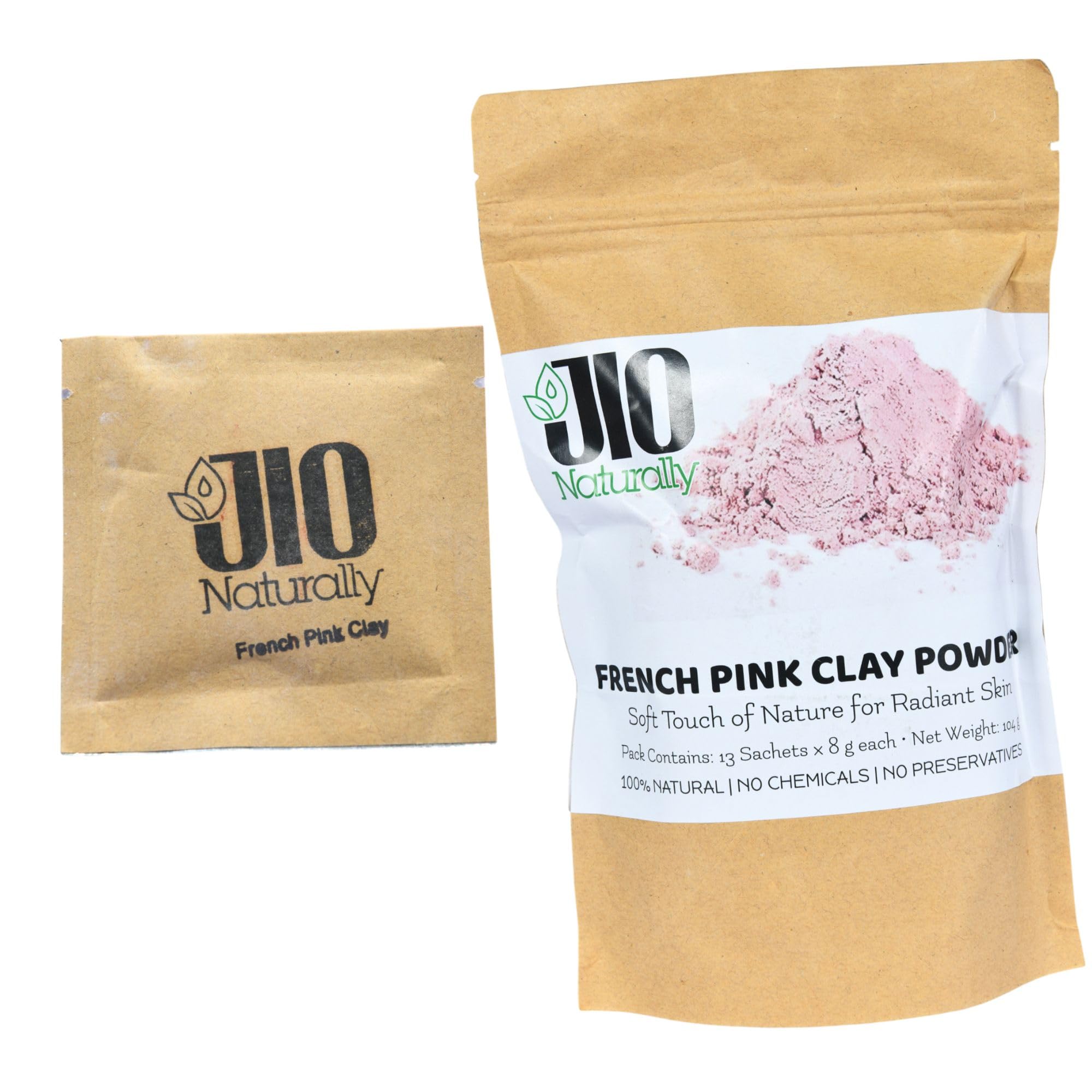 JioNaturally French Pink Clay for Radiant & Youthful Skin | 100% Natural Sachet Pack (13 Sachets x 8g) | Brightening, Soothing & Anti-Aging Face Pack