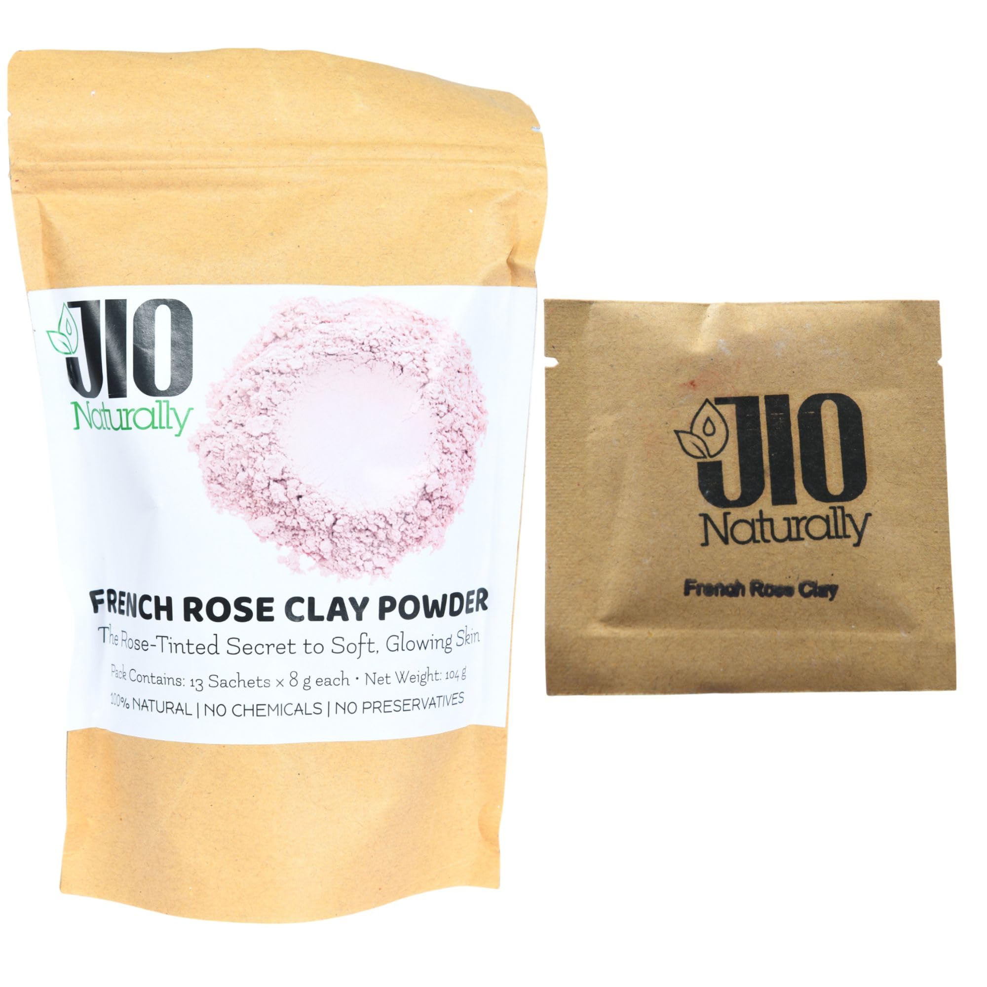 JioNaturally French Rose Clay for Glowing & Youthful Skin | 100% Natural Sachet Pack (13 Sachets x 8g) | Soothing, Brightening & Rejuvenating Face Mask