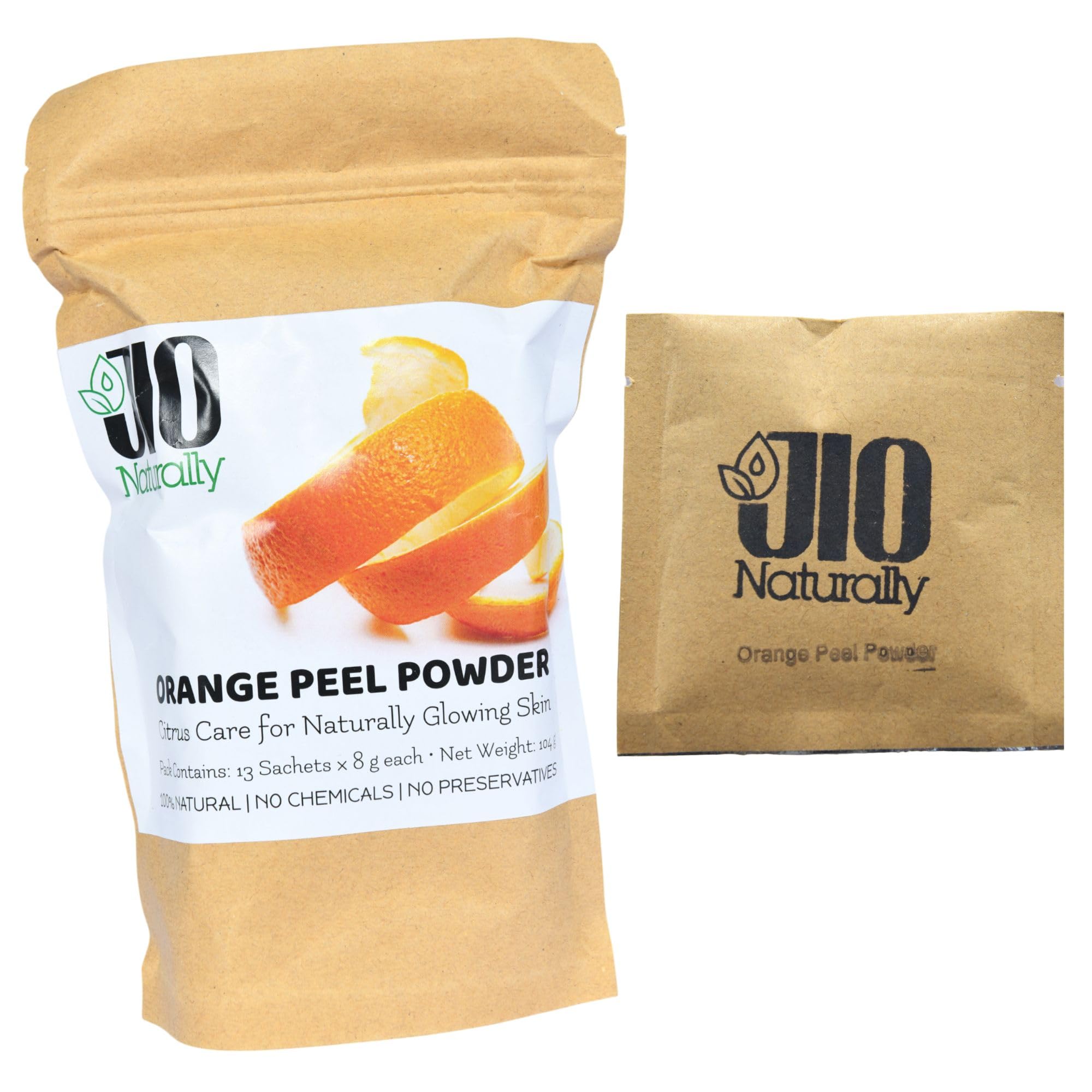 JioNaturally Orange Peel Powder for Clear & Glowing Skin | 100% Natural Sachet Pack (13 Sachets x 8g) | Brightening, Tan Removal & Anti-Acne Face Pack